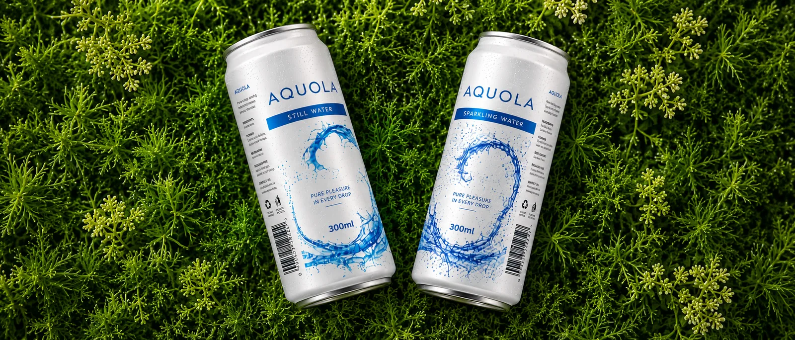 Aquola still and sparkling water cans resting on green foliage
