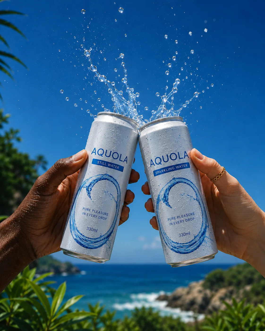 Two hands toasting with Aquola still and sparkling cans against a bright blue ocean